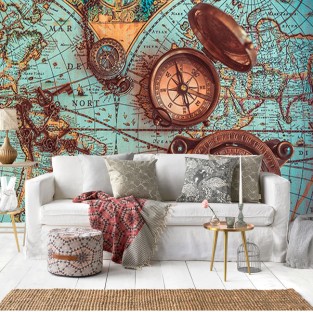 Papel pintado vinilo mapamundi y brújula